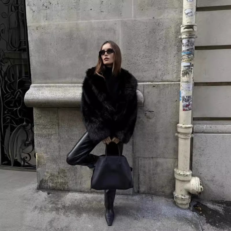 Jachetă din blană artificială cu blană de vulpe, guler înalt, mâneci lungi, stil elegant