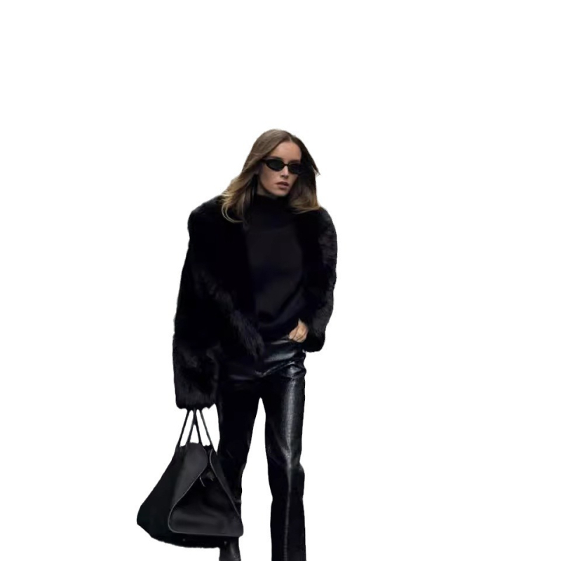 Jachetă din blană artificială cu blană de vulpe, guler înalt, mâneci lungi, stil elegant