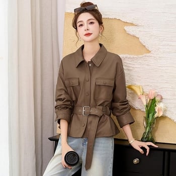 Palton PU cu model 3D, croială în formă de A, guler polo, primăvara 2025