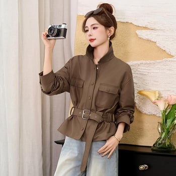 Palton PU cu model 3D, croială în formă de A, guler polo, primăvara 2025