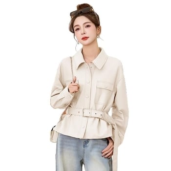 Palton PU cu model 3D, croială în formă de A, guler polo, primăvara 2025