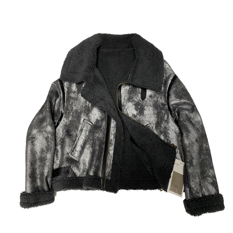 Palton cu blană integrată, guler înalt, fermoar, lungime scurtă, croială lejeră