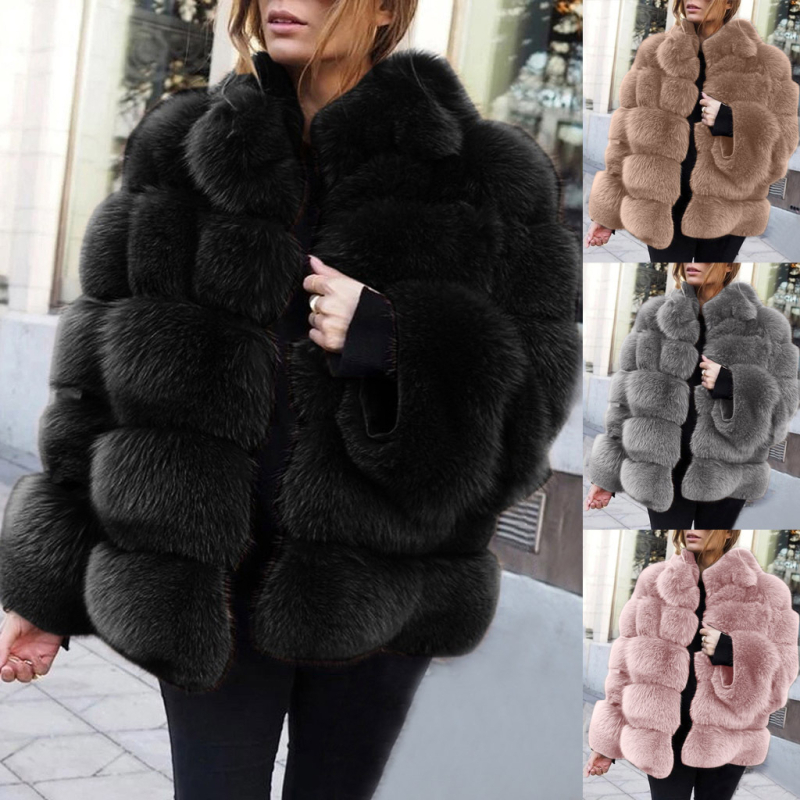 Ženski kaput od umjetne krzne, britanski stil, dugi rukav, ovratnik u obliku U, duljina 50–65 cm