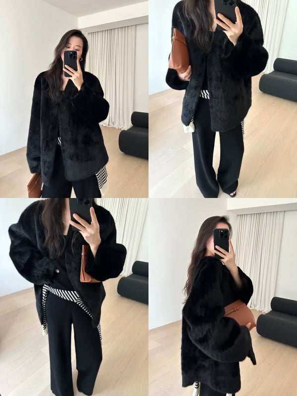 Ženski kaput srednje dužine s V izrezom, umjetno mink krzno, retro stil