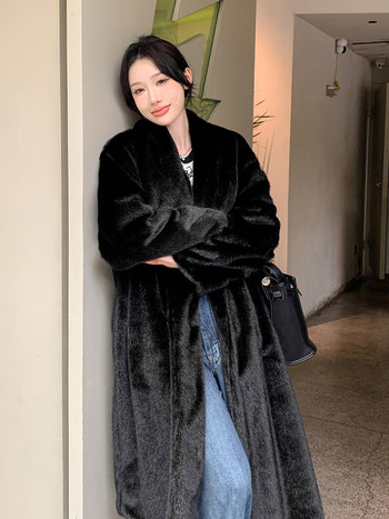 Mesterséges prémes kabát, meghosszabbított hossz (>100 cm), téli 2024, utcai stílus, hosszú ujjak