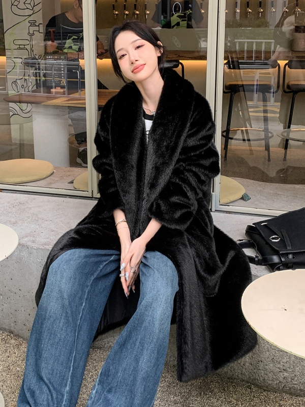 Mesterséges prémes kabát, meghosszabbított hossz (>100 cm), téli 2024, utcai stílus, hosszú ujjak