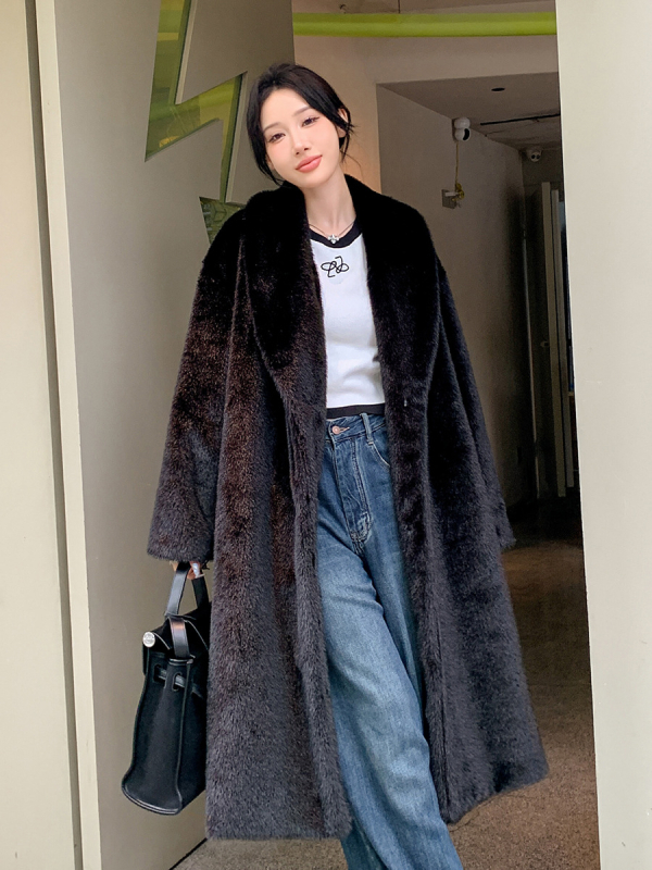 Mesterséges prémes kabát, meghosszabbított hossz (>100 cm), téli 2024, utcai stílus, hosszú ujjak