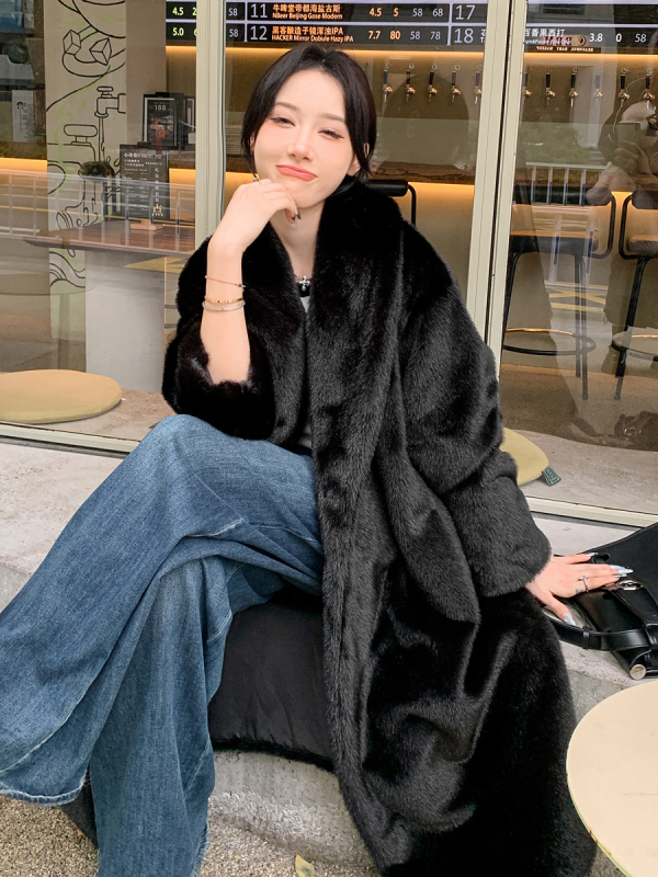 Mesterséges prémes kabát, meghosszabbított hossz (>100 cm), téli 2024, utcai stílus, hosszú ujjak