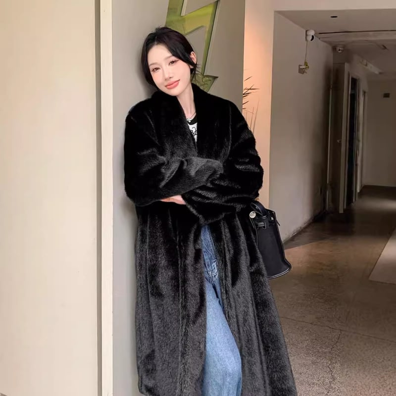 Mesterséges prémes kabát, meghosszabbított hossz (>100 cm), téli 2024, utcai stílus, hosszú ujjak