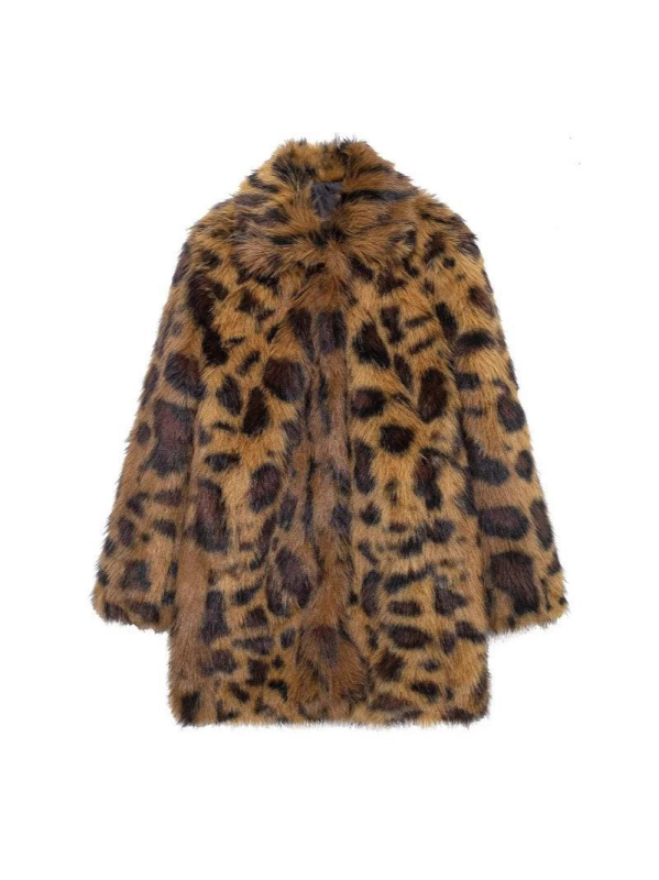 Ženski kaput od umjetnog krzna s leopard uzorkom, srednja duljina, dugi rukavi, poliester materijal