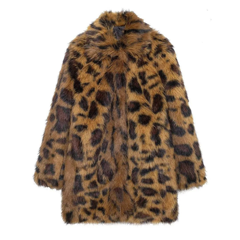 Ženski kaput od umjetnog krzna s leopard uzorkom, srednja duljina, dugi rukavi, poliester materijal