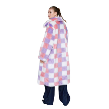 Ženski dugi kaput od umjetne krzne s kariranim uzorkom, četvrtasti ovratnik, dugi rukavi, poliester, street hipster stil
