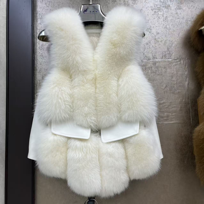 Γυναικείο γιλέκο από γούνα αλεπούς με δέρμα με τρίχες, V-λαιμό, χωρίς μανίκια, βρετανικό στυλ