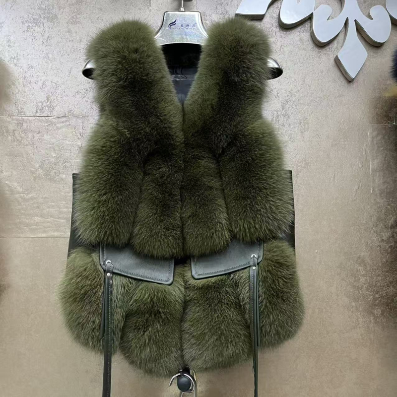Γυναικείο γιλέκο από γούνα αλεπούς με δέρμα με τρίχες, V-λαιμό, χωρίς μανίκια, βρετανικό στυλ