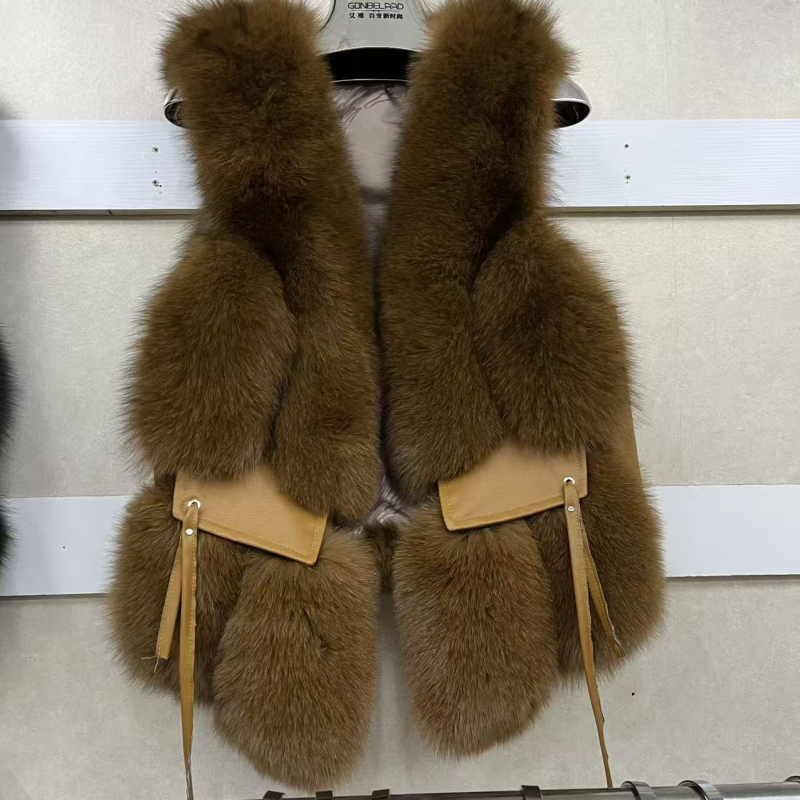 Γυναικείο γιλέκο από γούνα αλεπούς με δέρμα με τρίχες, V-λαιμό, χωρίς μανίκια, βρετανικό στυλ
