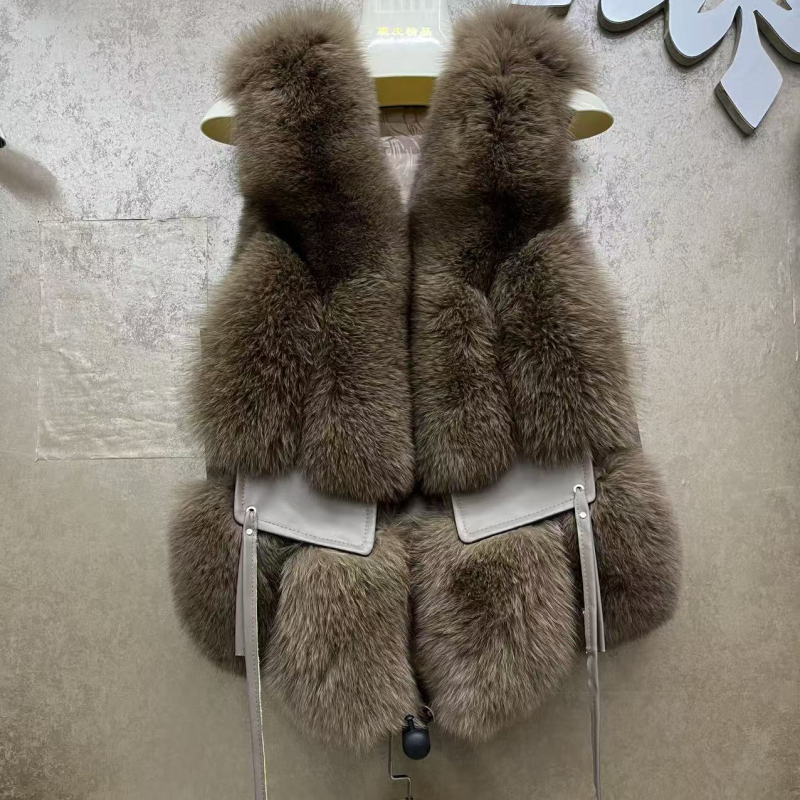 Γυναικείο γιλέκο από γούνα αλεπούς με δέρμα με τρίχες, V-λαιμό, χωρίς μανίκια, βρετανικό στυλ