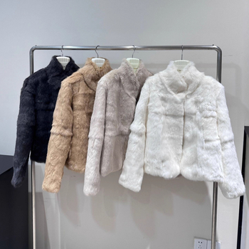 Palton din blană de iepure, blană reală, stil minimalist coreean pentru femei, guler înalt, iarna 2025