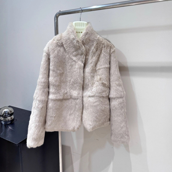 Palton din blană de iepure, blană reală, stil minimalist coreean pentru femei, guler înalt, iarna 2025