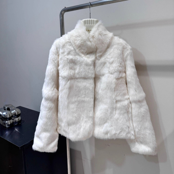 Palton din blană de iepure, blană reală, stil minimalist coreean pentru femei, guler înalt, iarna 2025