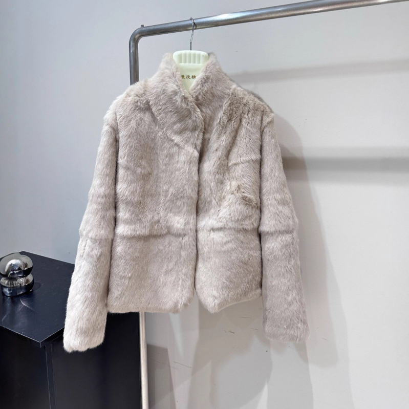 Palton din blană de iepure, blană reală, stil minimalist coreean pentru femei, guler înalt, iarna 2025