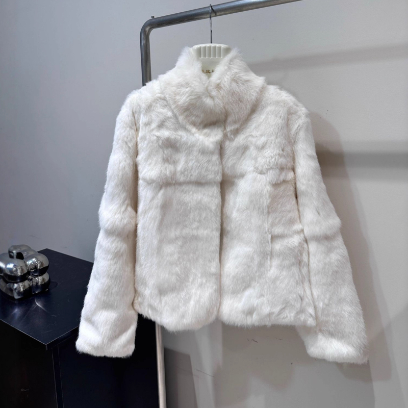 Palton din blană de iepure, blană reală, stil minimalist coreean pentru femei, guler înalt, iarna 2025