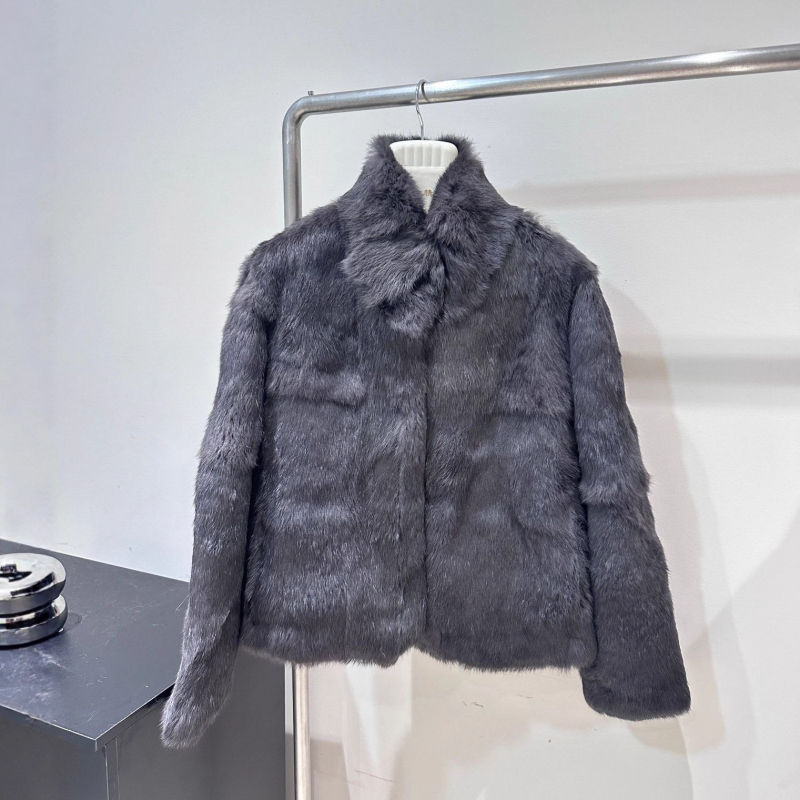 Palton din blană de iepure, blană reală, stil minimalist coreean pentru femei, guler înalt, iarna 2025