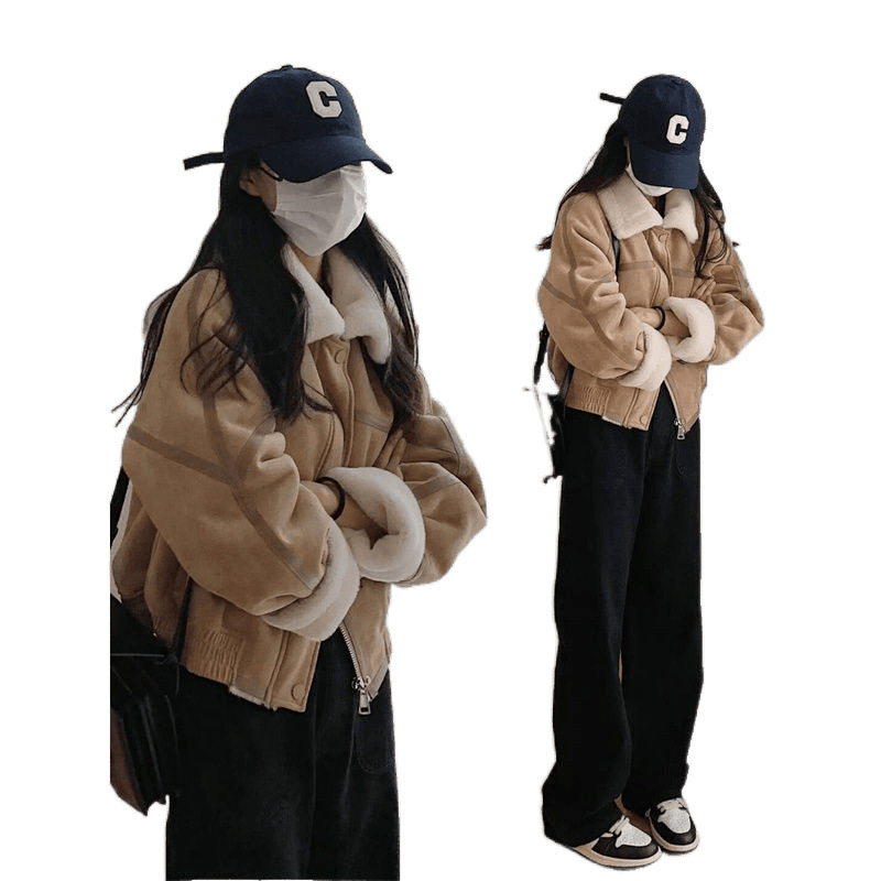 Ženski kaput s integriranim ovčjim krznom, hongkonški retro stil, 3D uzorak, kratka kroja, polo ovratnik