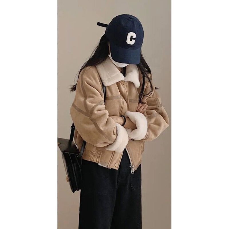 Ženski kaput s integriranim ovčjim krznom, hongkonški retro stil, 3D uzorak, kratka kroja, polo ovratnik