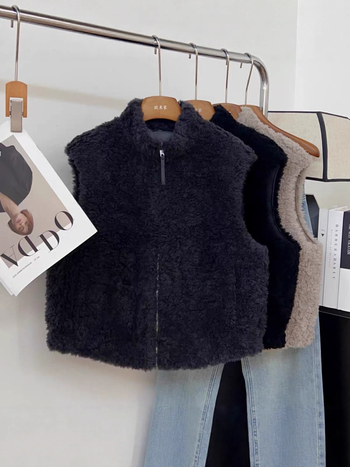 Ženski vest u korejskom stilu bez rukava od vune i velura sa stojećim ovratnikom, duljina 50–65 cm, vuna ≥95%, velur
