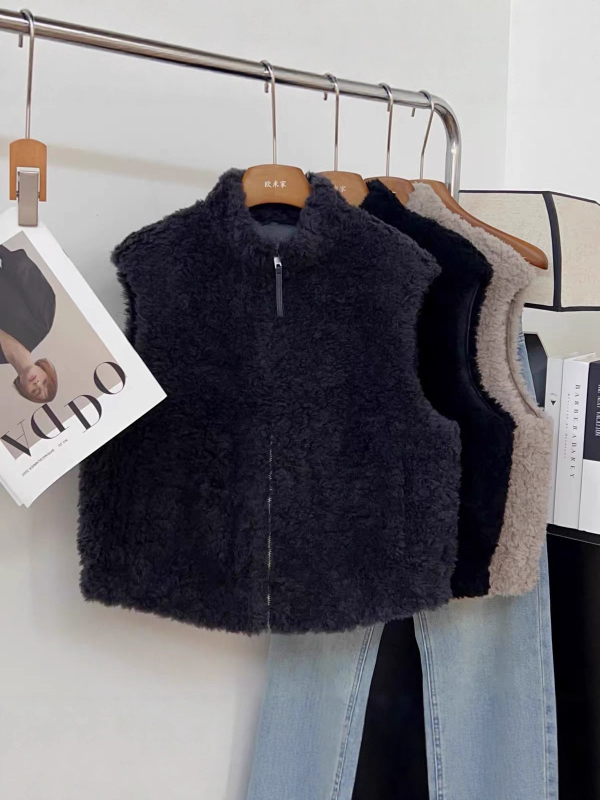 Ženski vest u korejskom stilu bez rukava od vune i velura sa stojećim ovratnikom, duljina 50–65 cm, vuna ≥95%, velur