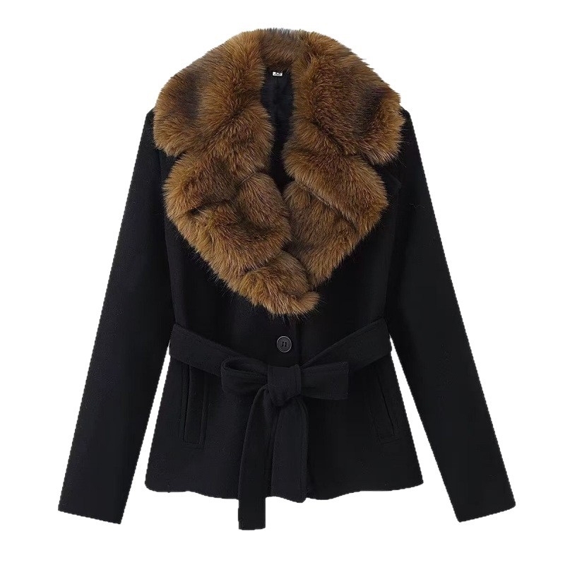 Ženski kaput od poliestera s umjetnim krznom na ovratniku i pojasom, srednja duljina, elegantan poslovni stil