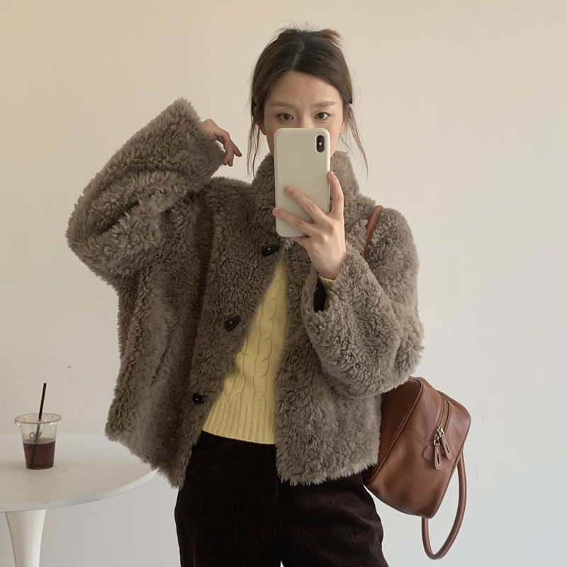 Ženski kaput od shearling ovčje vune, korejskog stila, zima 2025, kratka duljina, stojeći ovratnik