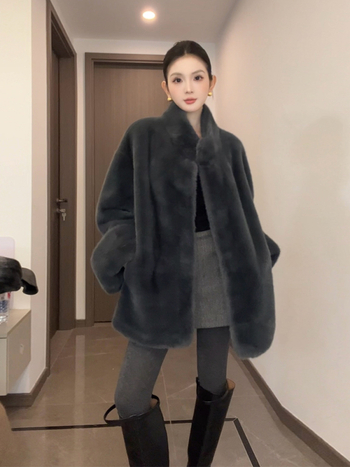 Палто от норка, средна дължина, стойка яка, зимно 2025, спандекс смес