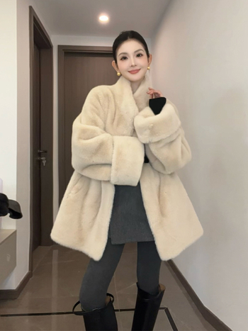 Палто от норка, средна дължина, стойка яка, зимно 2025, спандекс смес