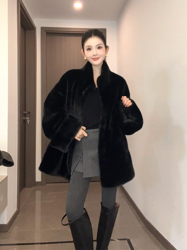 Палто от норка, средна дължина, стойка яка, зимно 2025, спандекс смес