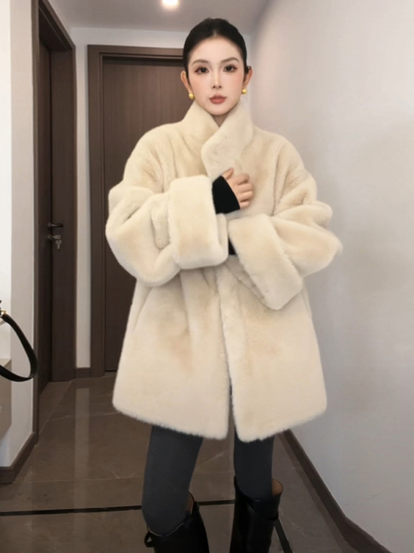 Палто от норка, средна дължина, стойка яка, зимно 2025, спандекс смес