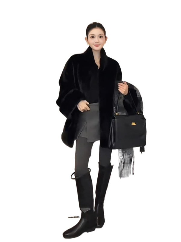 Палто от норка, средна дължина, стойка яка, зимно 2025, спандекс смес