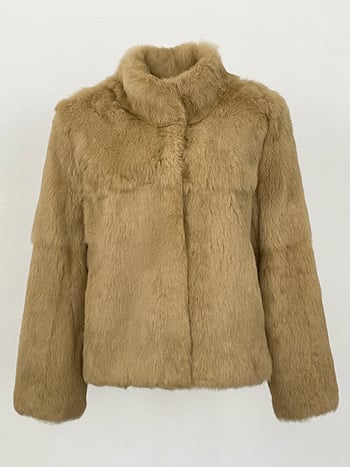 Jakna od krzna zeca, retro stil, stojeći ovratnik, dugi rukavi, pravo krzno