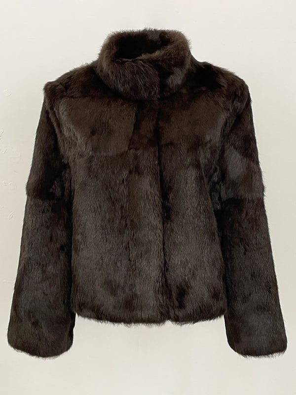Jakna od krzna zeca, retro stil, stojeći ovratnik, dugi rukavi, pravo krzno