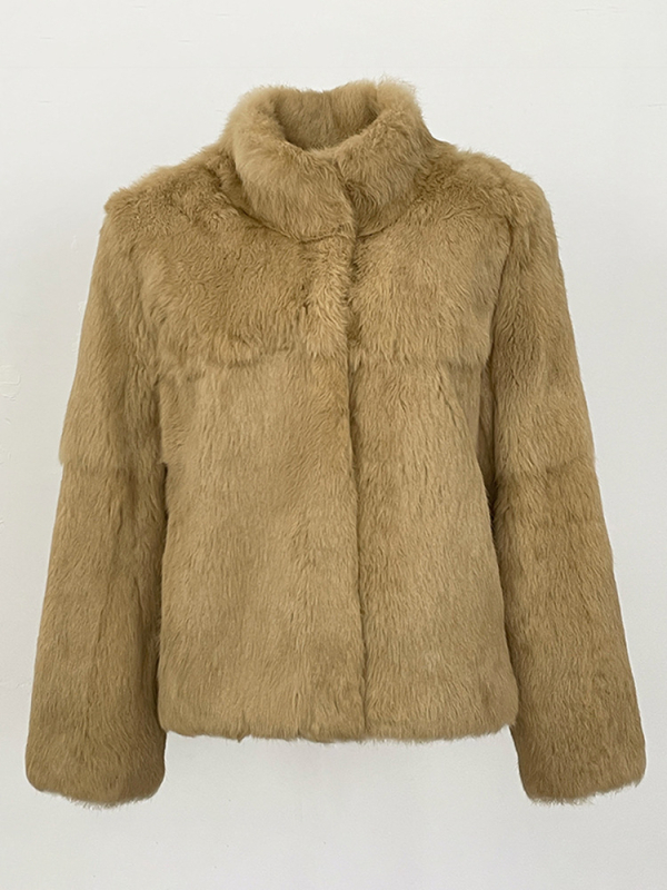 Jakna od krzna zeca, retro stil, stojeći ovratnik, dugi rukavi, pravo krzno