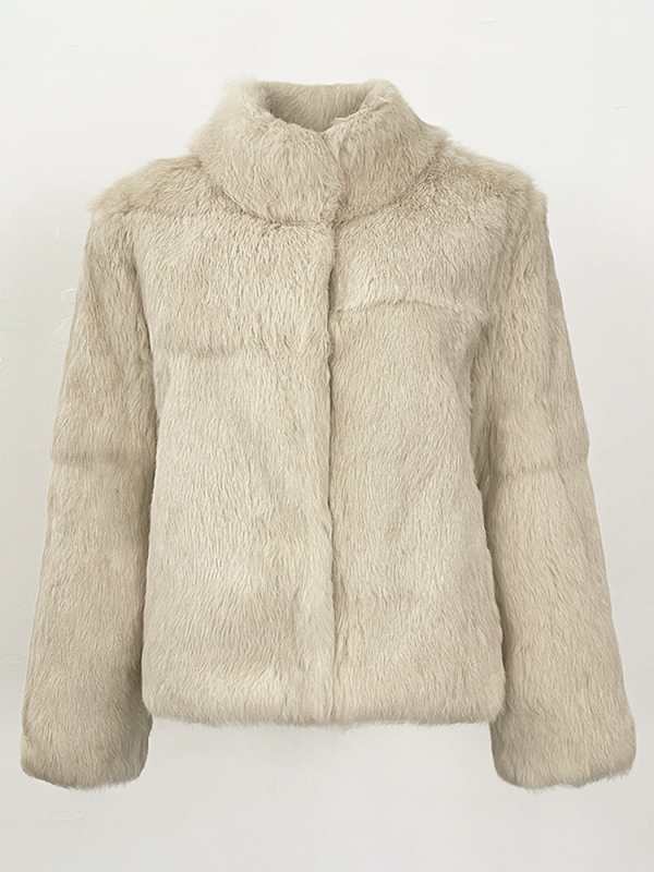 Jakna od krzna zeca, retro stil, stojeći ovratnik, dugi rukavi, pravo krzno
