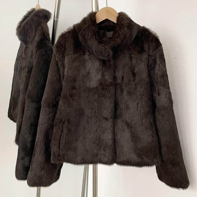 Jakna od krzna zeca, retro stil, stojeći ovratnik, dugi rukavi, pravo krzno