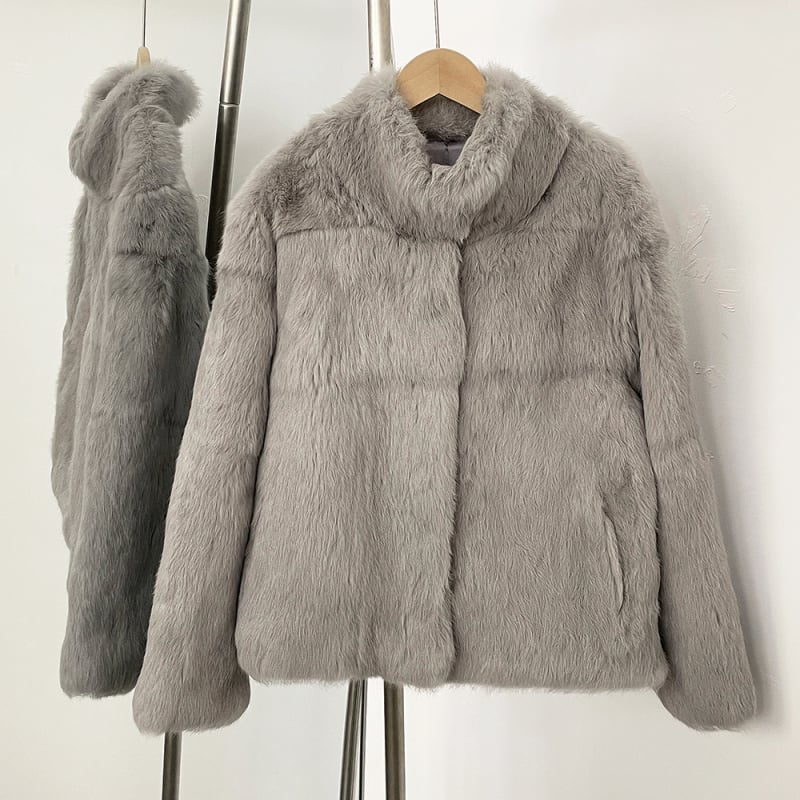 Jakna od krzna zeca, retro stil, stojeći ovratnik, dugi rukavi, pravo krzno