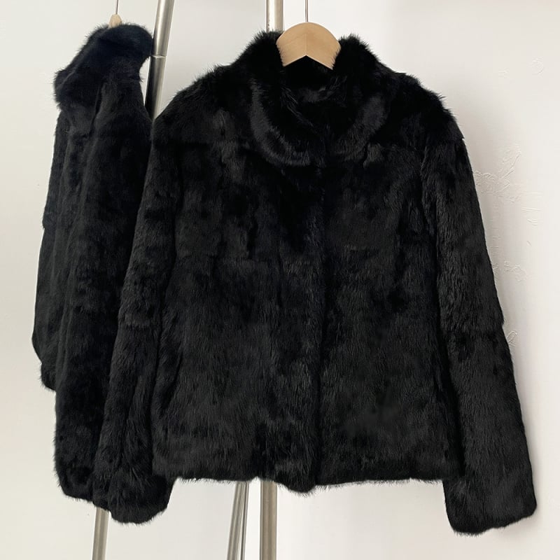 Jakna od krzna zeca, retro stil, stojeći ovratnik, dugi rukavi, pravo krzno