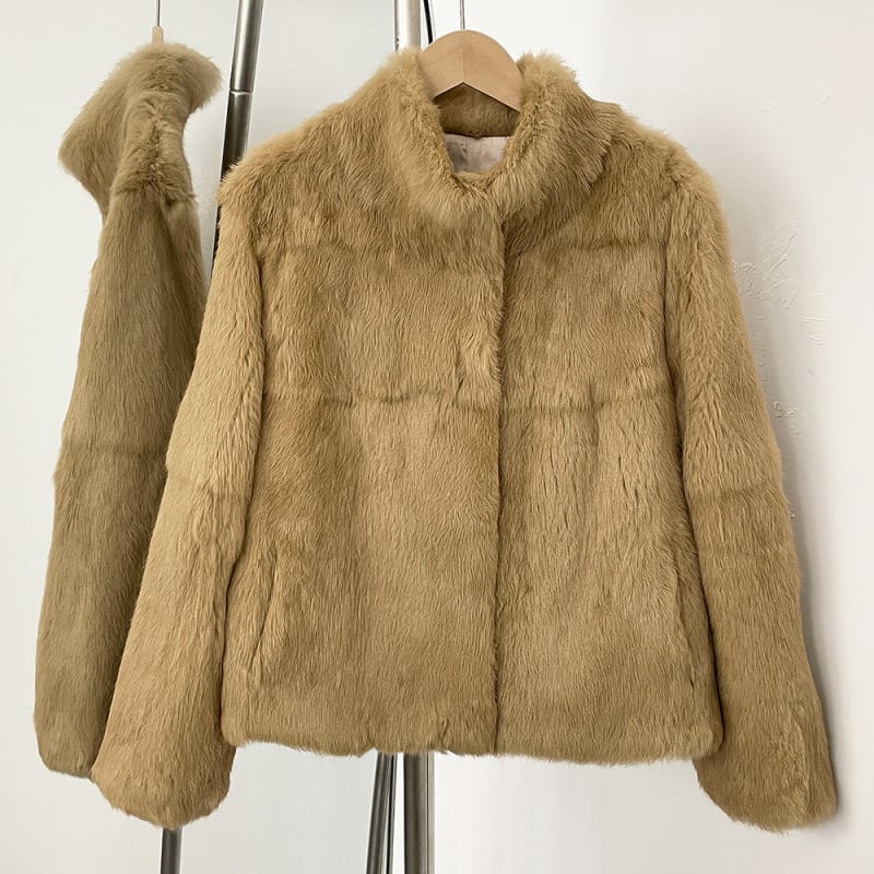 Jakna od krzna zeca, retro stil, stojeći ovratnik, dugi rukavi, pravo krzno
