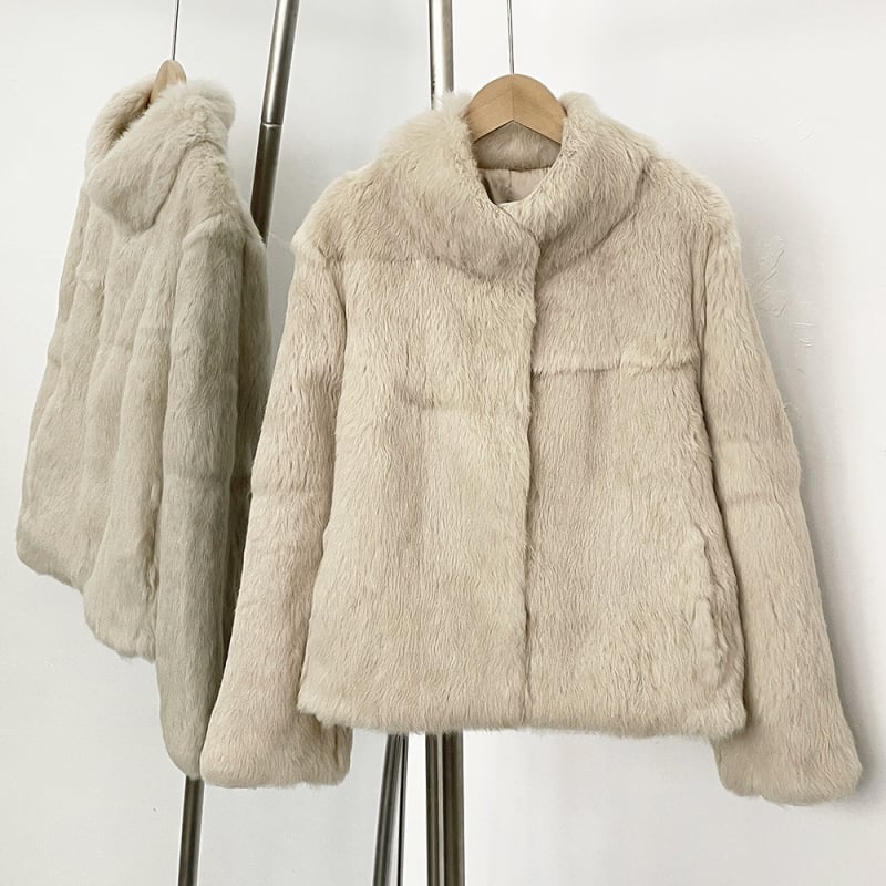 Jakna od krzna zeca, retro stil, stojeći ovratnik, dugi rukavi, pravo krzno
