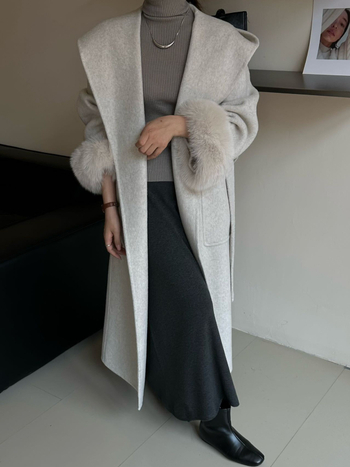 Dugi vuneni kaput za žene s lisicama na manžetama, dvostrani, s kapuljačom, topao i elegantan zimi