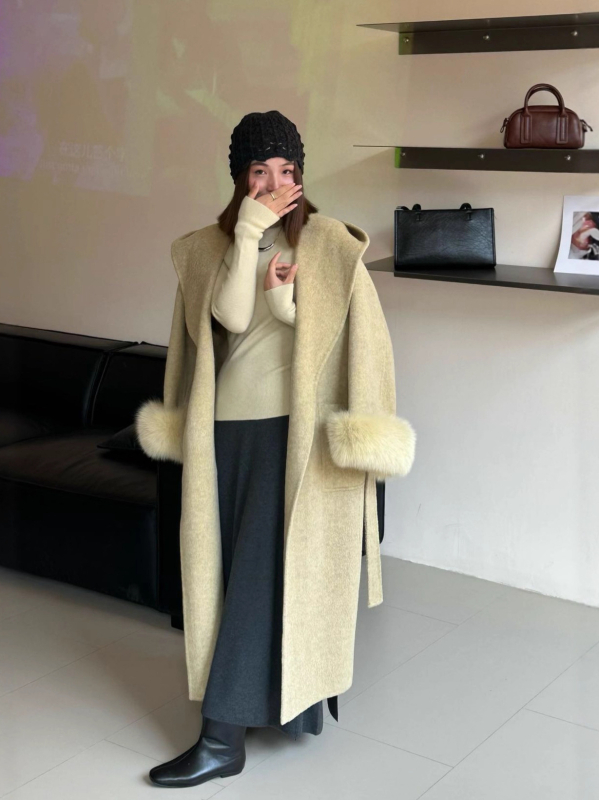 Dugi vuneni kaput za žene s lisicama na manžetama, dvostrani, s kapuljačom, topao i elegantan zimi