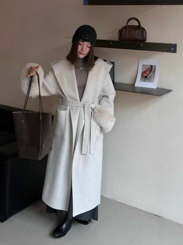 Dugi vuneni kaput za žene s lisicama na manžetama, dvostrani, s kapuljačom, topao i elegantan zimi
