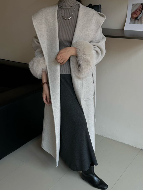 Dugi vuneni kaput za žene s lisicama na manžetama, dvostrani, s kapuljačom, topao i elegantan zimi